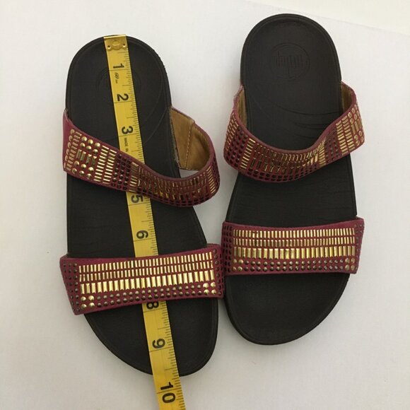 Fitflop Pink Gold Azteck Chada Womens 37 EU/ 6 US Slide Slip On Leather Rubber - Picture 14 of 16